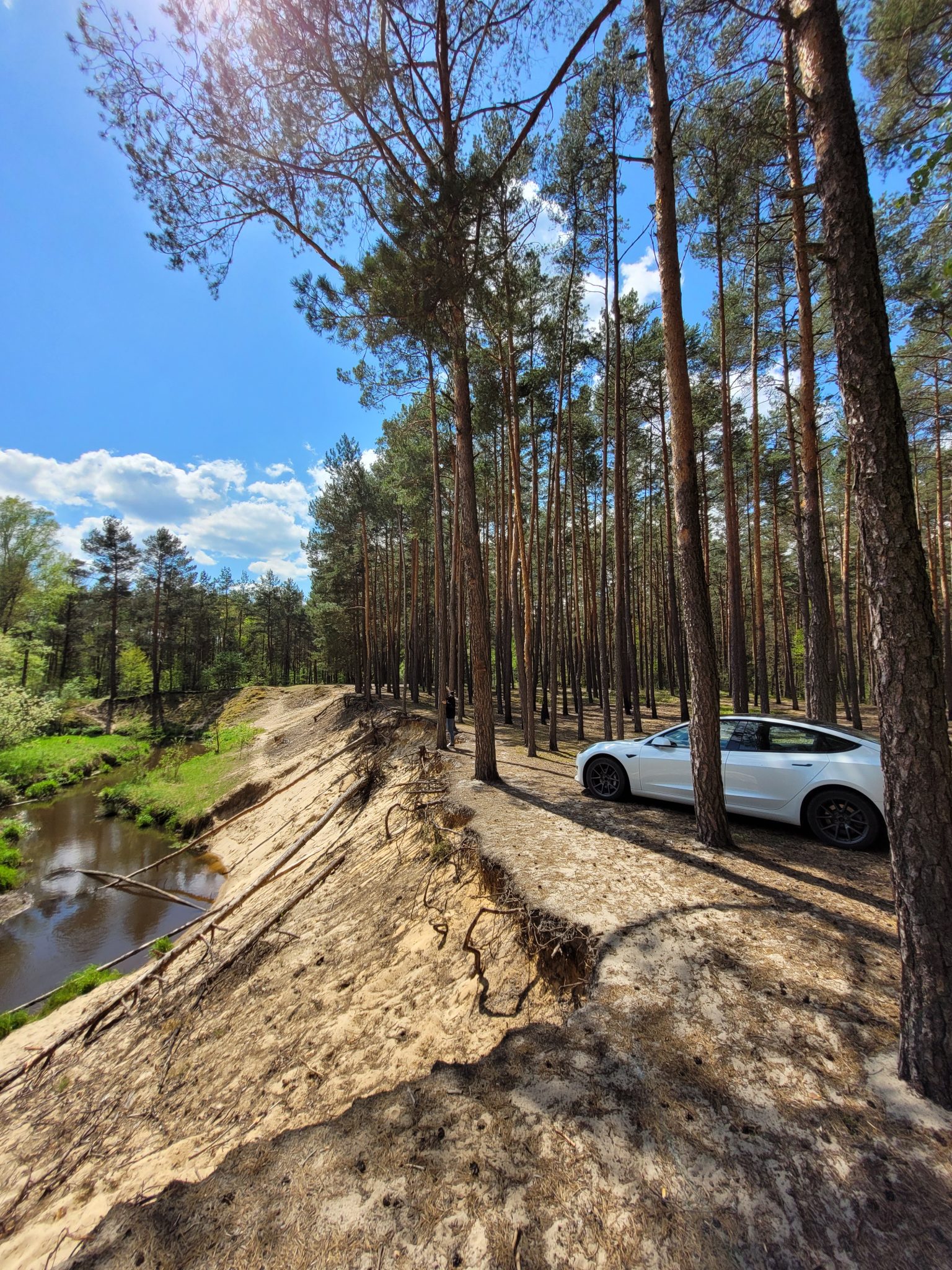A Tesla in the forest by a river.